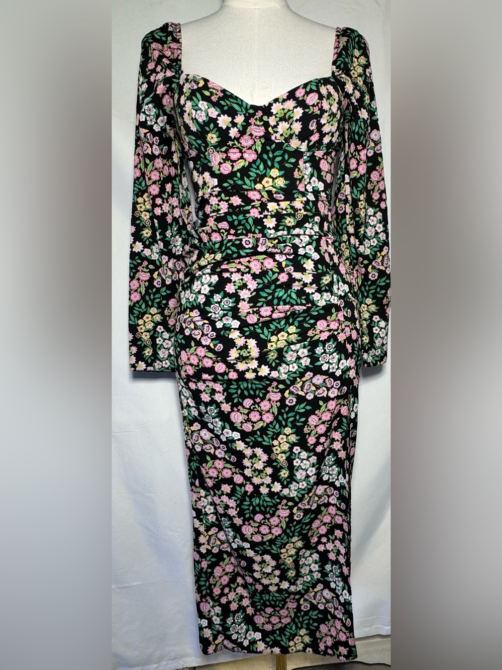 ASOS Petite Black Floral Midi Dress with Pink & Green Accents